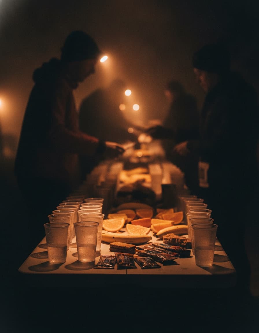 Aid station table lit by headlamps at night during an ultramarathon