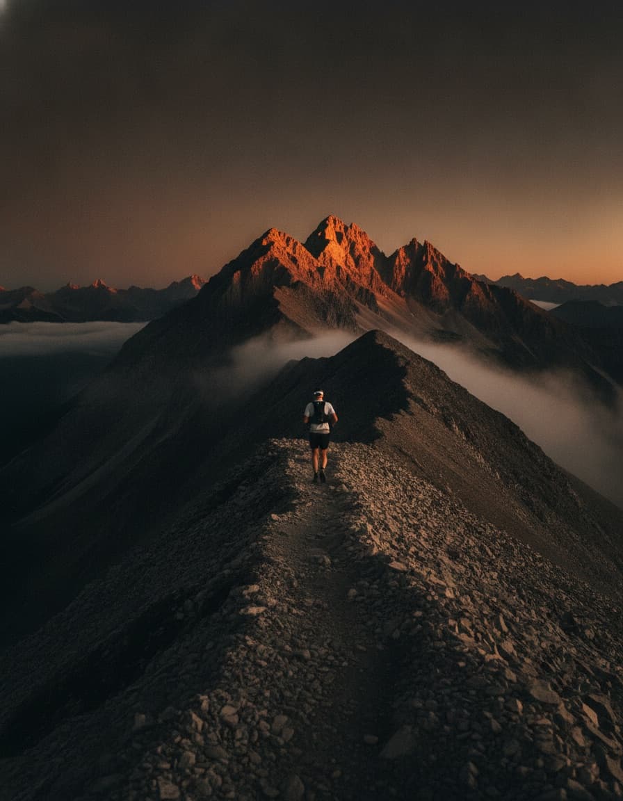 Ultra runner climbing an alpine ridgeline at dawn, headlamp still on