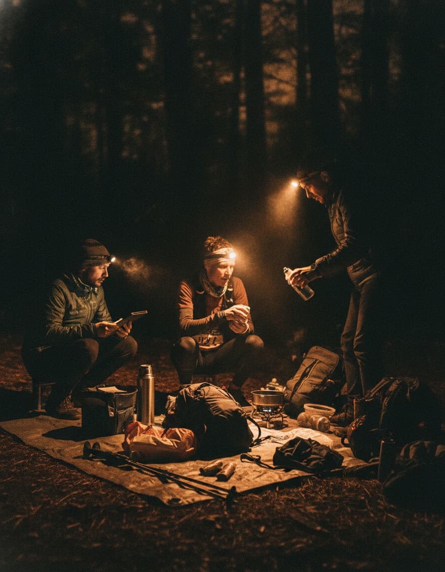 Runner checking in with their crew under headlamps in the dark